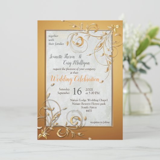 暖エレガントかい金ゴールドの日除けと花を避ける 招待状 (スタンド正面)