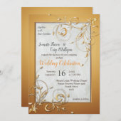 暖エレガントかい金ゴールドの日除けと花を避ける 招待状 (正面/裏面)