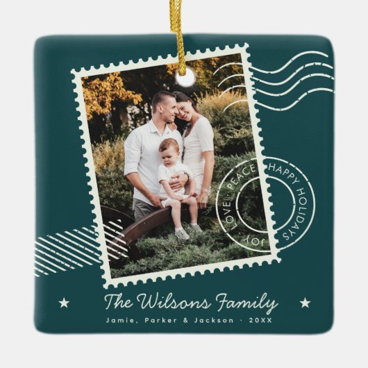 暖モダンかい家族写真かわいいスタンプ休日 セラミックオーナメント (正面)