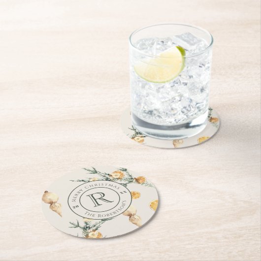 暖冬チャーム：シックな水の色モノグラムの ラウンドペーパーコースター (インサイチュ)