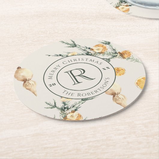 暖冬チャーム：シックな水の色モノグラムの ラウンドペーパーコースター (アングル)