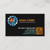 暖房と冷房のロゴとQRコード | ブラックHVAC 名刺 (正面)