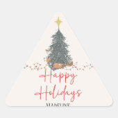 暖水の色の松の木の休日パーティーの招待 三角形シール (正面)