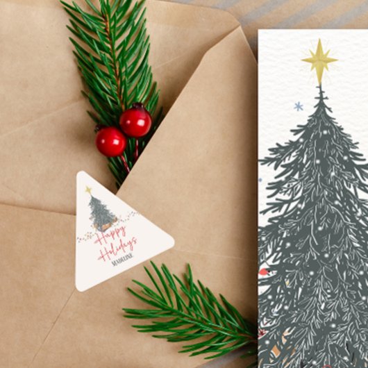 暖水の色の松の木の休日パーティーの招待 三角形シール