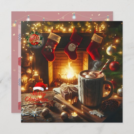 暖炉からの温かいクリスマスの願い シーズンカード (正面/裏面)