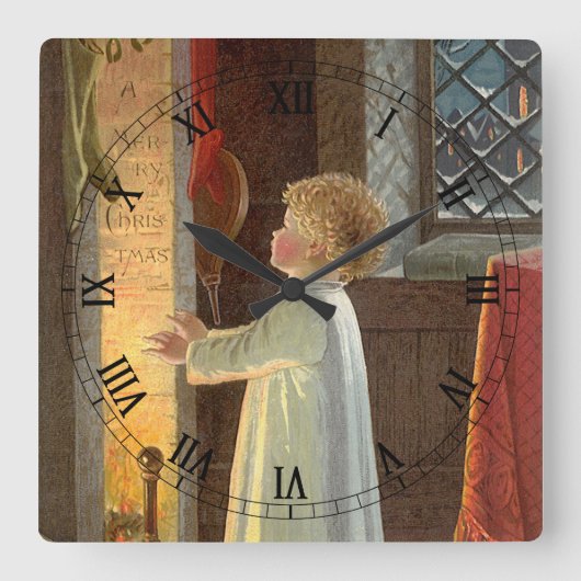 暖炉で暖まるヴィンテージクリスマス スクエア壁時計 (正面)