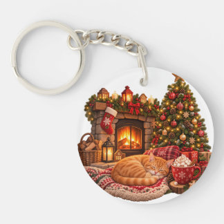 暖炉で眠るジンジャーキャット クリスマスクリップアート キーホルダー