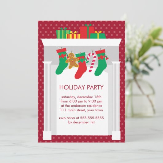 暖炉とクリスマスストッキングパーティー 招待状 (スタンド正面)