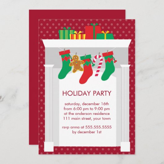 暖炉とクリスマスストッキングパーティー 招待状 (正面/裏面)