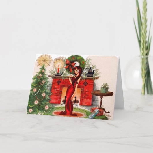 暖炉とセクシーな女性クリスマスカード シーズンカード (正面)
