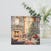 暖炉とツリーと居心地の良いクリスマスインテリア シーズンカード (スタンド正面)