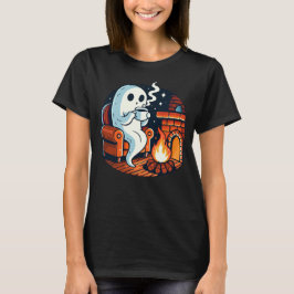 暖炉のあるハロウィンの幽霊のコーヒー飲料 Tシャツ