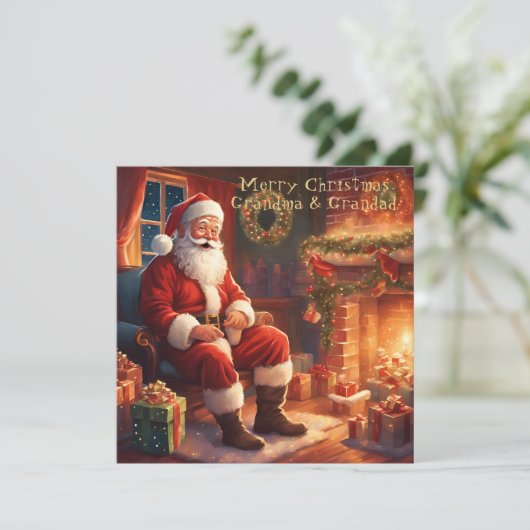 暖炉のそばでサンタが休む | おばあちゃん&グランダー シーズンカード (スタンド正面)