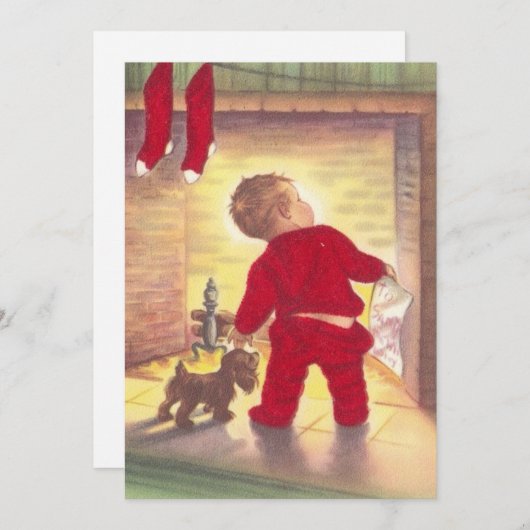 暖炉のそばでサンタを待つビンテージのクリスマス少年 シーズンカード (正面/裏面)