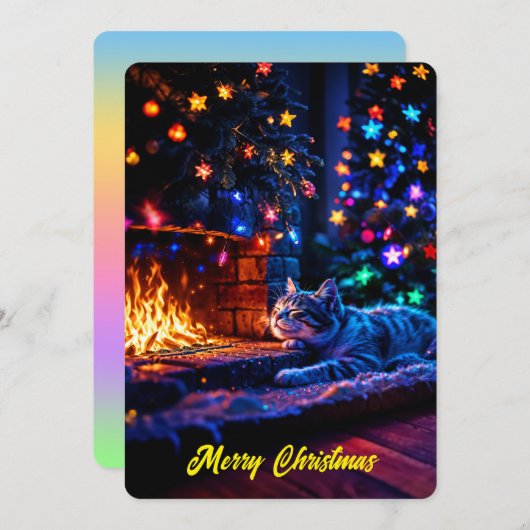 暖炉のそばで眠るかわいい猫　メリークリスマス 招待状 (正面/裏面)