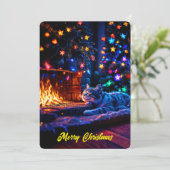 暖炉のそばで眠るかわいい猫　メリークリスマス 招待状 (スタンド正面)