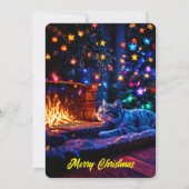 暖炉のそばで眠るかわいい猫　メリークリスマス 招待状 (正面)