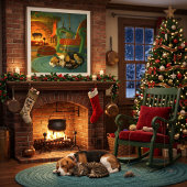 暖炉のそばで眠る動物たちとビンテージクリスマス ポスター