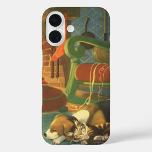 暖炉のそばで眠る動物たちとビンテージクリスマス iPhone 16ケース