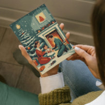 暖炉のそばで過ごすレトロな家族のクリスマス