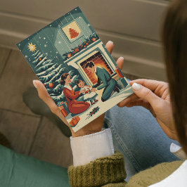 暖炉のそばで過ごすレトロな家族のクリスマス シーズンカード