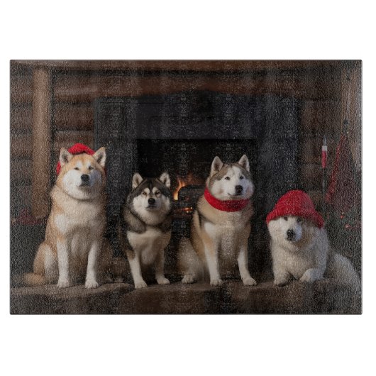 暖炉のそばのアキタ クリスマス カッティングボード (正面)