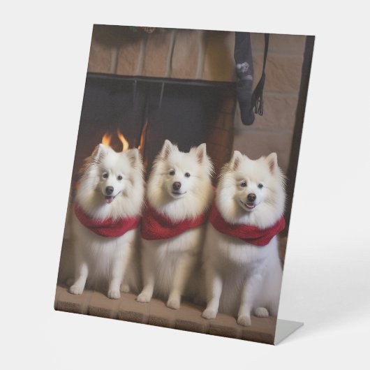 暖炉のそばのアメリカン・エスキモー犬 クリスマス 台座サイン (正面)