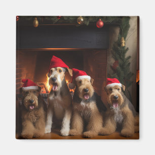 暖炉のそばのエアデール クリスマス マグネット