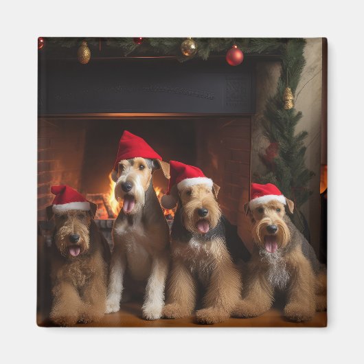 暖炉のそばのエアデール クリスマス マグネット (正面)