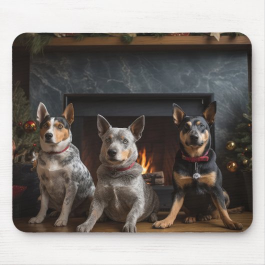 暖炉のそばのオーストラリア牛のクリスマス マウスパッド (正面)