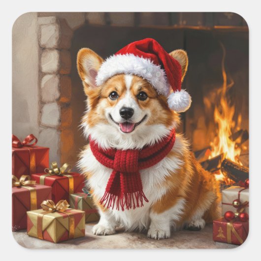 暖炉のそばのクリスマスコーギー犬 スクエアシール (正面)
