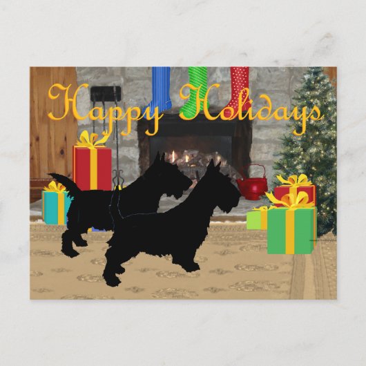 暖炉のそばのクリスマススコッティー犬 シーズンポストカード (正面)