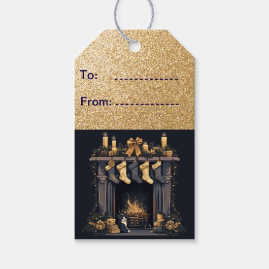 暖炉のそばのクリスマスストッキング ギフトタグ (正面)