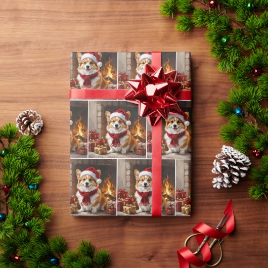 暖炉のそばのコーギー ラッピングペーパー (クリスマスギフト)