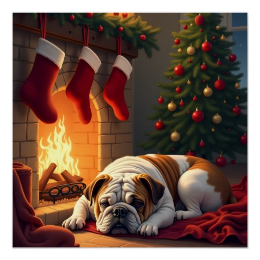 暖炉のそばのブルドッグ クリスマスの絵 ポスター (正面)