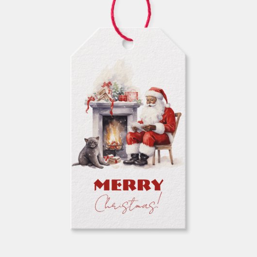 暖炉のそばのメリークリスマスサンタクロース ギフトタグ (正面)