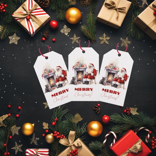 暖炉のそばのメリークリスマスサンタクロース ギフトタグ