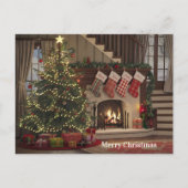 暖炉のそばの居心地の良いクリスマスイブストッキング ポストカード (正面)