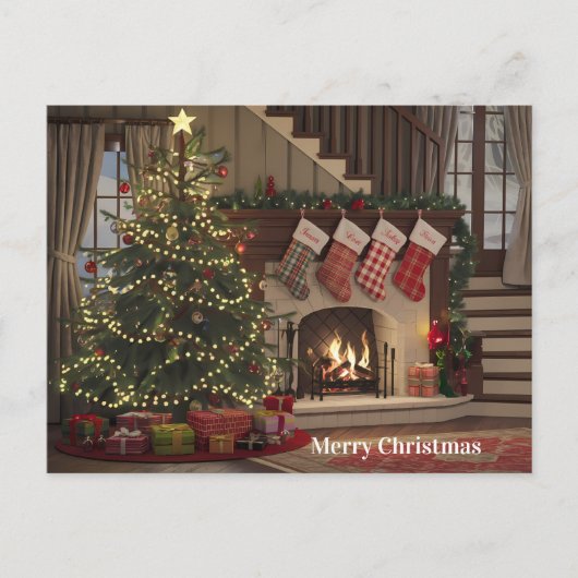 暖炉のそばの居心地の良いクリスマスイブストッキング ポストカード (正面)