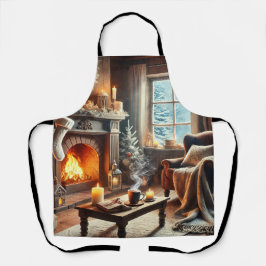 暖炉のそばの心地よい冬の景色 エプロン