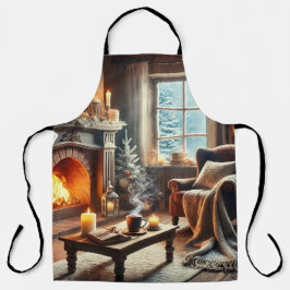 暖炉のそばの心地よい冬の景色 エプロン