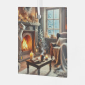 暖炉のそばの心地よい冬の景色 ガラスオーナメント (正面左)