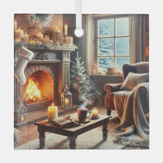 暖炉のそばの心地よい冬の景色 ガラスオーナメント (正面)