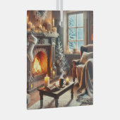 暖炉のそばの心地よい冬の景色 ガラスオーナメント (正面右)