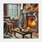 暖炉のそばの心地よい冬の景色 ガラスオーナメント (裏面)