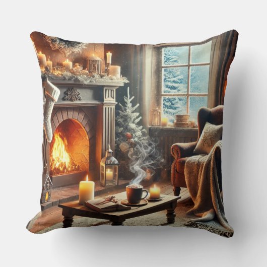暖炉のそばの心地よい冬の景色 クッション (正面)