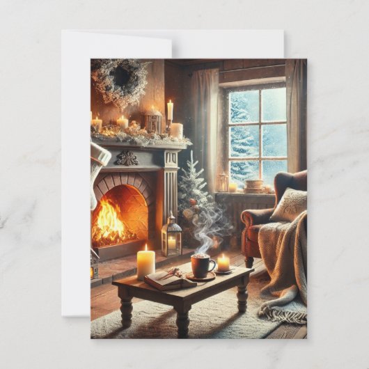暖炉のそばの心地よい冬の景色 サンキューカード (正面)