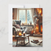 暖炉のそばの心地よい冬の景色 サンキューカード (裏面)