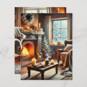 暖炉のそばの心地よい冬の景色 サンキューカード (正面/裏面)