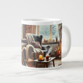 暖炉のそばの心地よい冬の景色 ジャンボコーヒーマグカップ (正面右)
